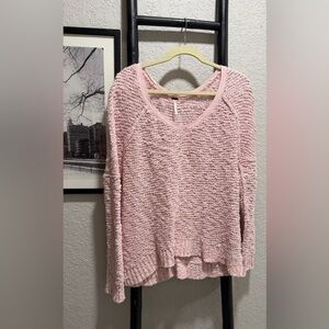 Free People Light Pink Songbird V Neck Boucle Sweater - Size Medium